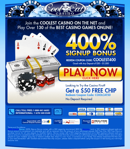 Cool Cat Casino screenshot - $50 free chip bonus no deposit requried