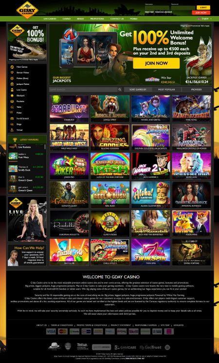 A screenshot of GDay casino showing the list of games available to play.