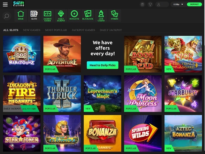 Swift Casino has a clean modern dashboard and offering a great no deposit bonus free spins.