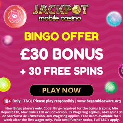 Jackpot Mobile Casino is a great option for mobile bingo and casino games. Get 30 FREE spins.