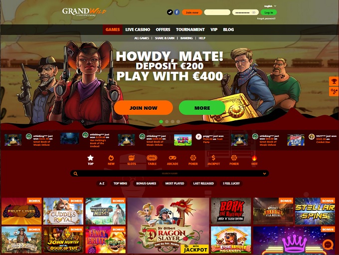 Grand Wild Casino stunning screenshot of it's lobby welcoming players from around the world including Canada, New Zealand and Australian,