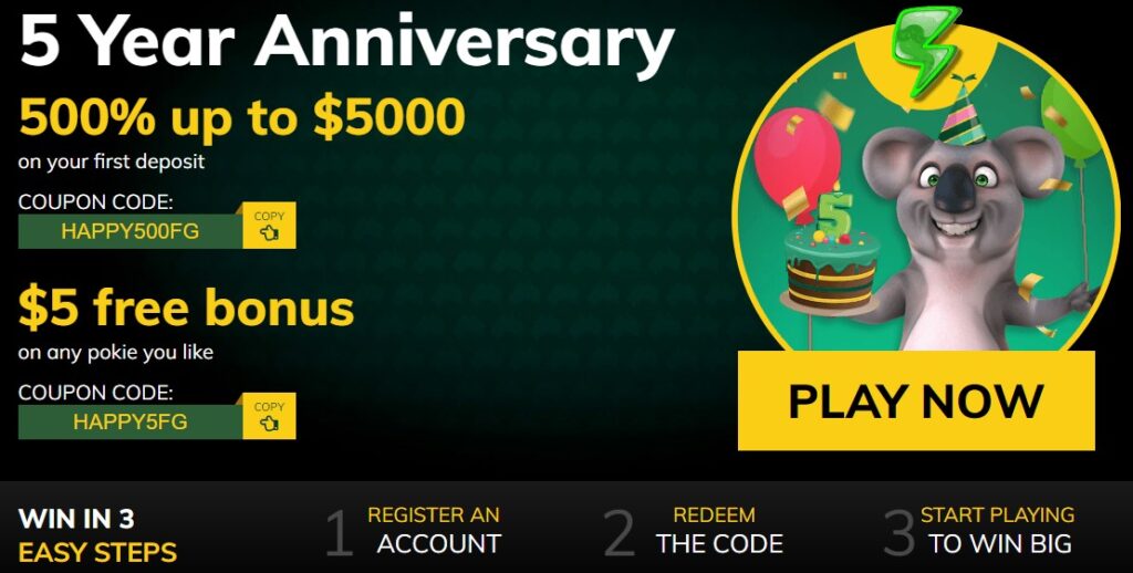  FREE Fair Go Casino 5th year anniversary promotion 2022