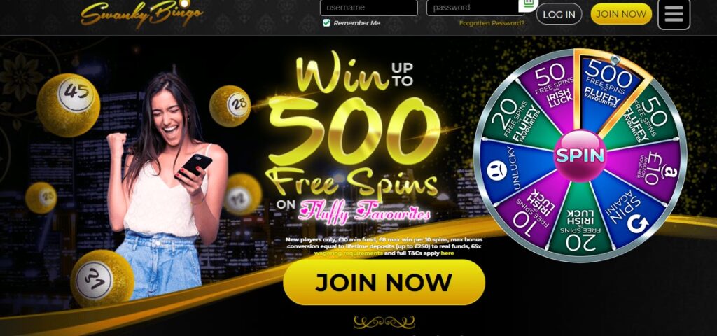 2022 Swanky Bingo spin the win and win up to 500 free spins online bingo at it's finest and slots